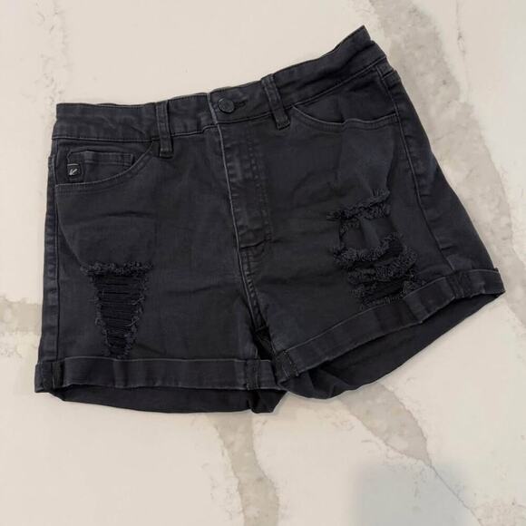 KanCan Black Denim Distressed Jean Shorts High Rise Cuffed Pockets Women's 28 - Picture 1 of 7
